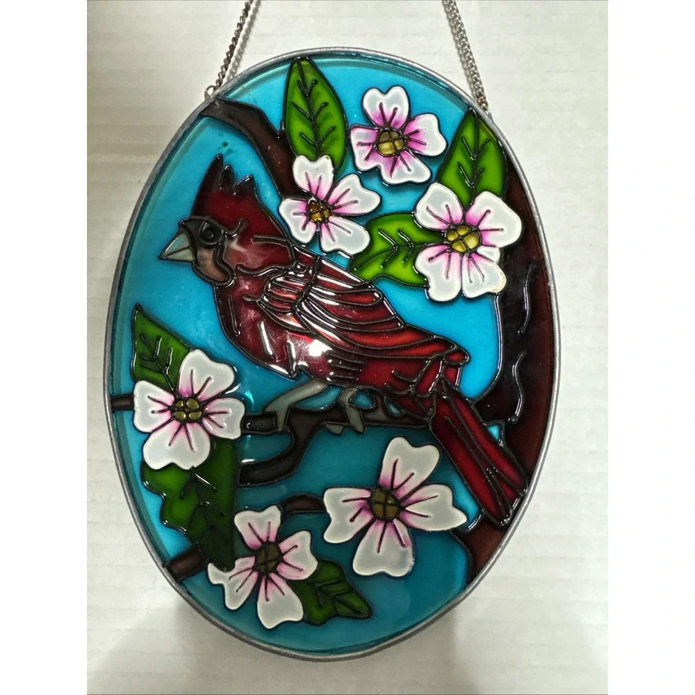 Red Cardinal Bird & White Flowers Small Oval Stained Glass Suncatcher 7.5x5.5